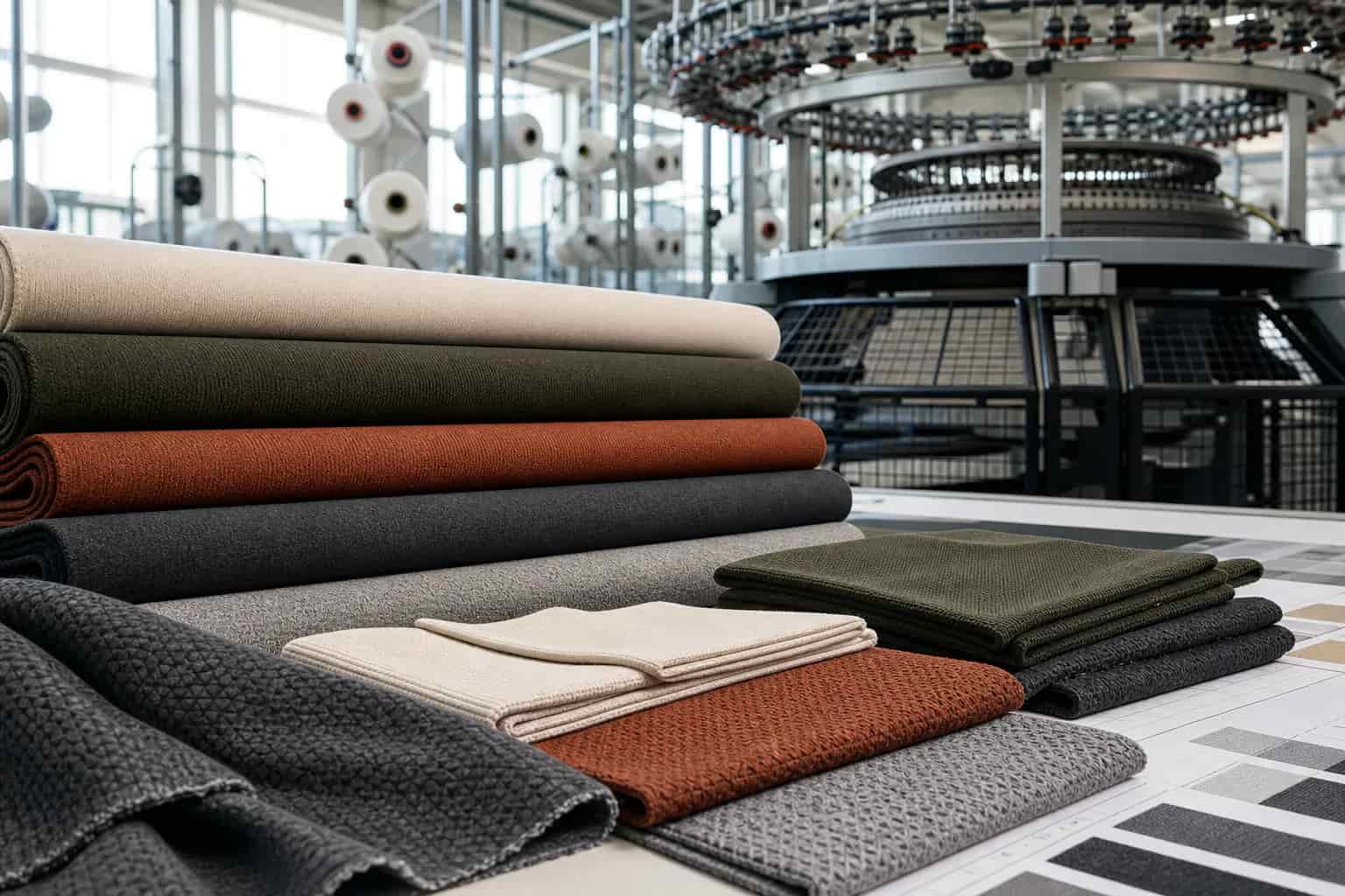 Premium finished fabric rolls and swatches displayed in a Shaoxing textile production setting